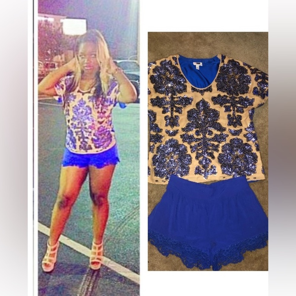 Royal Blue and gold sequin satin material blouse from target royal blue shorts